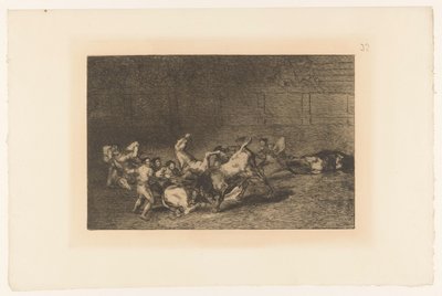 Picador steekt een lans in een stier Dvě skupiny pikadorů přejede v řadě jediný býk Stierengevechten (název série) La Taureamachie (název série) Býčí zápasy (název seriálu) od Francisco de Goya