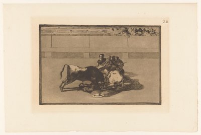 Picador spadl z koně Caida de un picador de su caballo debajo del toro Býčí zápasy (název série) La Taureaumachie (název série) La Tauromaquia (název série) od Francisco de Goya