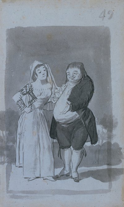 Prostitutka žádá tlustého, ošklivého muže recto, 1796-97. od Francisco de Goya