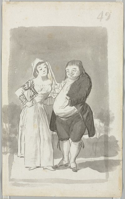 Prostitutka žádající tlustého, ošklivého muže recto, mladá žena lomící rukama...na druhou stranu, 1796-97. od Francisco de Goya