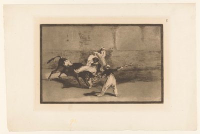 Býka popadnou toreadoři Cogida de un Moro estando en la plaza Býčí zápasy (název série) La Taureaumachie (název série) La Tauromaquia (název série) od Francisco de Goya