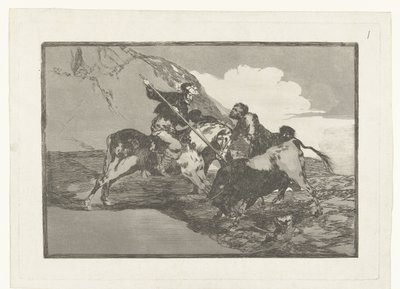 Stierenjacht te paard Jak staří Španělé lovili býky na koních na poli Stierenvechten (název série) Býčí zápasy (název seriálu) od Francisco de Goya