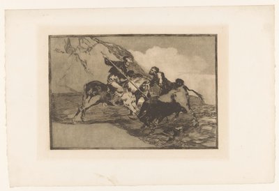 Stierenjacht te paard Jak staří Španělé lovili býky na koních na polích Stierengevechten (název série) La Taureamachie (název série) Býčí zápasy (název seriálu) od Francisco de Goya