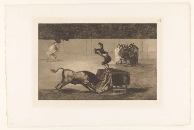 Toreador stojící na stole v aréně Otra locura suya a la misma plaza Býčí zápasy (název série) La Taureaumachie (název série) La Tauromaquia (název série) od Francisco de Goya