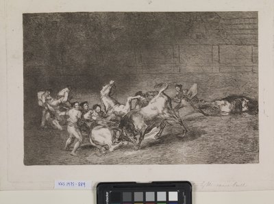 Dva týmy pikadorů jsou jeden po druhém sraženy jediným býkem od Francisco de Goya
