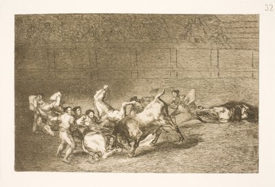 Dva týmy pikadorů jsou jeden po druhém sraženy jediným býkem od Francisco de Goya