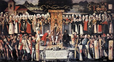 Obřad líbání ruky (líbání ruky) po vyhlášení privilegií králem Ferdinandem Katolickým (1452-1516). Obraz Francisco de mendieta Y Retes (16. století). Španělsko, Guernica. Dům Juntas. od Francisco de Mendieta y Retes
