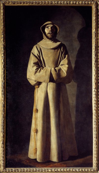 Portrét svatého Františka z Assisi: Světec je zastoupen v extázi, nosí sutanu s provazem s uzly jako opasek. Obraz Francisco de Zurbaran (1598-1664) od Francisco de Zurbaran