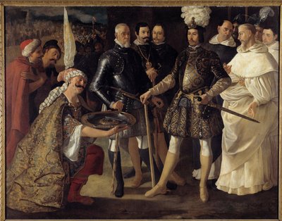 Reconquista: „“Vzdání Sevilly před Ferdinandem III. králem Kastilie a Leónu““ Maurové předali klíče od města kastilskému králi 22. 12. 1248. Obraz Francisco de Zurbaran (1598-1664) 1634.Ne. 157,5x208,2 cm Soukromý sběr od Francisco de Zurbaran