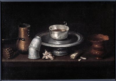 Zátiší čokoládová snídaně čokoládový pohár, poháry. Obraz Francisco de Zurbaran (1598-1664). 17. století Besancon, Muzeum výtvarných umění od Francisco de Zurbaran