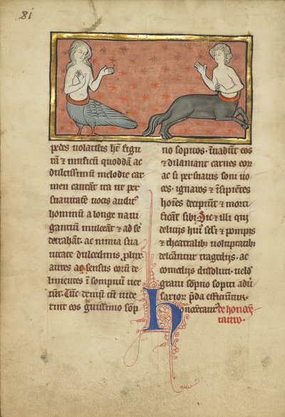 Siréna a kentaur z bestiáře paní Ludwig XV 4, fol. 81v, c.1280-1300 (tempera, pero a inkoust, plátkové zlato a barva na pergamenu) od Franco Flemish School
