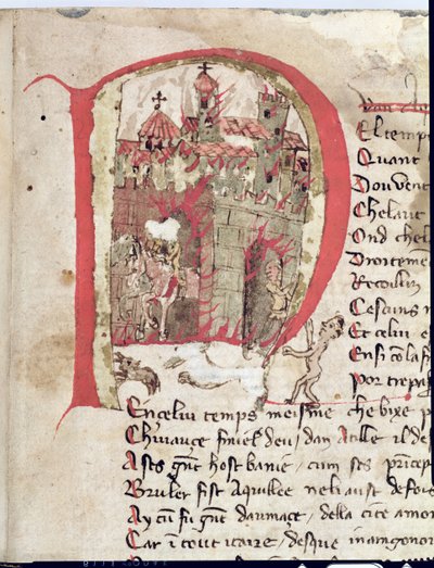 Ms Est 27 W 8.17 f.1r Historická iniciála zobrazující Attilu Huna (asi 406-453), jak pálí město Aquila z Attilovy války od Nicola da Casola od Franco Italian School