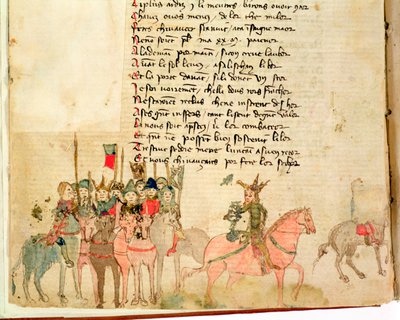 Paní Est 27 W 8.17 f.1v Attila the Hun (c.406-453) a jeho armáda na koni, z The War of Attila od Nicola da Casola od Franco Italian School
