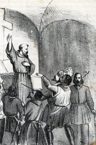 Čtvrtá Benátsko-osmanská válka: Církev vyzývající k poražení muslimů v předvečer bitvy u Lepante námořní bitva, která propukla 7. října 1571 v Patrasském zálivu v Řecku (křesťanská koalice den před bitvou u Lepanta během Osmanských Veneti od Franco Mistrali
