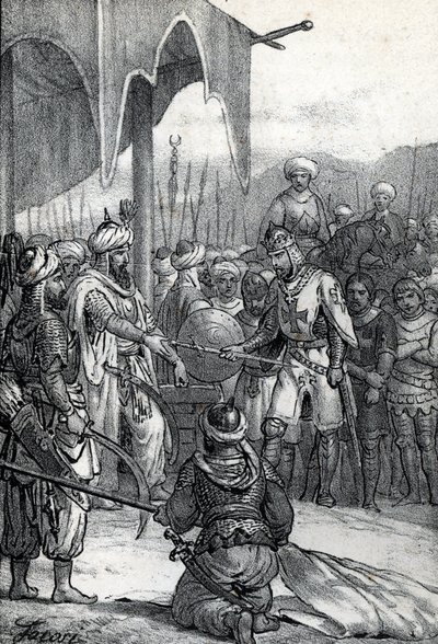 Seitsemäs ristiretki: Kuningas Ludvig IX vangittiin Fariskurin taistelussa 6. huhtikuuta 1250 (Seitsemäs ristiretki: Kuningas Ludvig IX vangittiin Fariskurin taistelussa, 6. huhtikuuta 1250) Piirros Franco Mistralin "Misteri del Vaticanosta" od Franco Mistrali