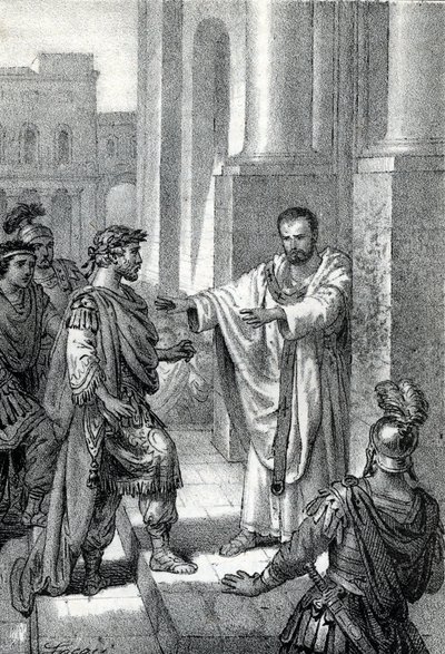 Arcibiskup svatý Ambrož z Milána (Aurelius Ambrosius, Ambrogio di Milano (340-397) zakázal vstup do kostela římskému císaři Theodosiovi I. (Flavius Theodosius) (347-395), aby ho potrestal za masakr v Soluni v roce 390 - Excommunicati od Franco Mistrali