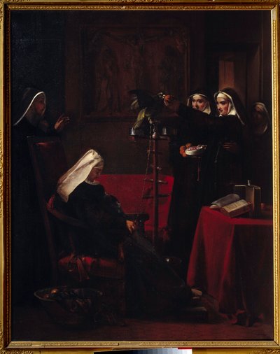 Green Green Nuns dávají jídlo papouškovi spící jeptišky. Obraz Francoise Mariuse Graneta (1775-1849) od Francois Marius Granet