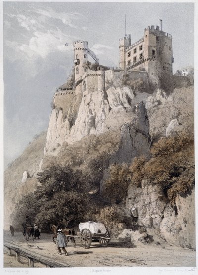 zámek Rheinstein. V "" Monumentální a malebný Rýn"". Litografie od Fourmaise a Stroobanta od Francois Stroobant