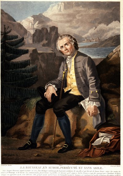 Jean Jacques Rousseau ve Švýcarsku, pronásledovaný a bez azylu. Akvatinta od Charon d