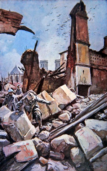 Bitva u Verdunu: Francouzské jednotky se pohybují mezi zničenými hradbami od Francois (after) Flameng