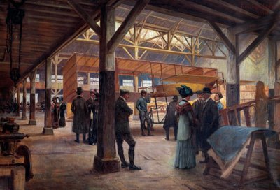 Dílna bratrů Gabriela a Charlese Voisinových (1880-1973 a „1882-1912), průkopníků letectví, v roce 1908 v Boulogne Billancourt“ (olej na plátně) od Francois Alaux