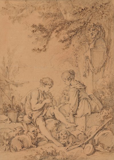 Mladý pastýř hrající na píšťalu dvěma mladým pastýřkám od François Boucher