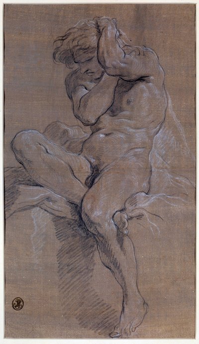 Akademie sedícího nahého muže Kresba červenou krví od Francoise Bouchera (1703-1770) Paříž 18. století, muzeum Louvre od François Boucher