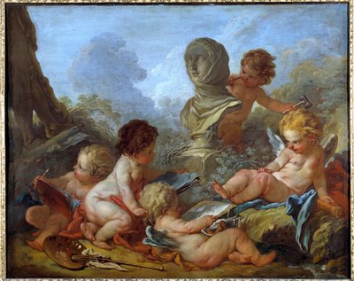 Allegorie des Arts Pět malých amour spojených s různými uměními (sochařství, malířství...) Obraz Francoise Bouchera (1703-1770) Troyes 18. století, Musee des Beaux Arts - Alegorie umění. Pět malých amorů spojených s různými uměními (sochařství od François Boucher