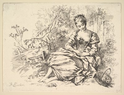 Dívka v krajině s košíkem květin od François Boucher