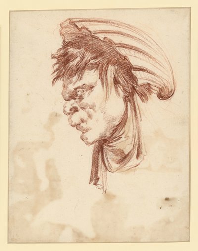 Groteskní hlava v profilu doleva s mušlí jako pokrývkou hlavy od François Boucher