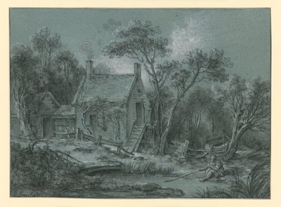 Dům se schodištěm mezi stromy, před ním rybář od François Boucher