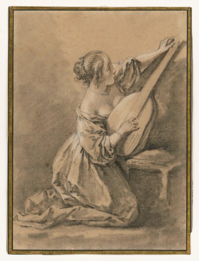 Mladá žena klečící a ladící loutnu od François Boucher