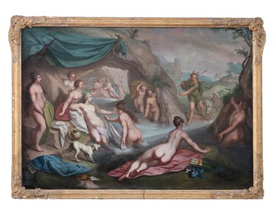 Olej na plátně. Mytologický obraz: Artemis se svým doprovodem je při koupeli překvapena Akteionem od François Boucher