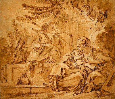 Odpočinek na letu do Egypta (pero a hnědý inkoust s růžovými a hnědými skvrnami na papíře) od François Boucher