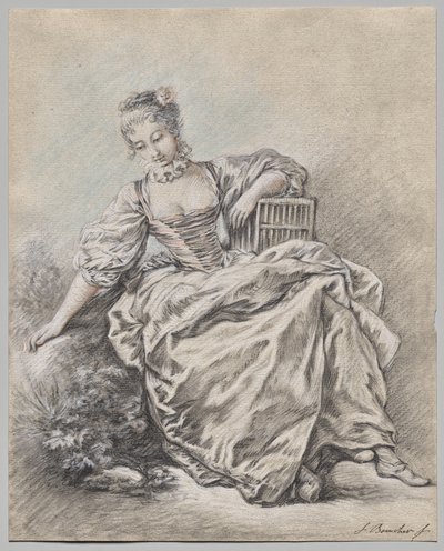 Sedící žena držící ptačí klec od François Boucher