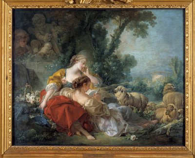 Škola přátelství Scene bucolique: dva pastýři a stádo. Obraz Francoise Bouchera (1703-1770) 1760 Karlsruhe. Staatliche Kunsthalle od François Boucher