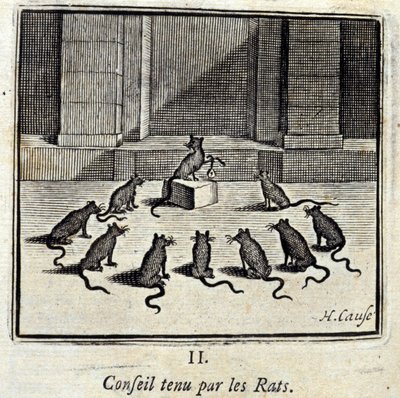 Rada držená Krysami. Bajky Jean de La Fontaine (1621-95). Ilustrace Francois Chauveau (1613-1676). Vydání z roku 1728. od Francois Chauveau