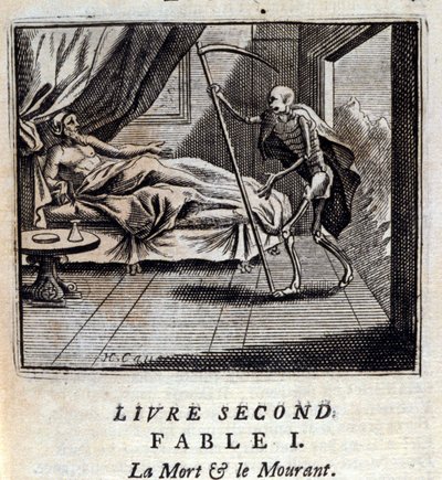 Smrt a umírání. Bajky Jean de La Fontaine (1621-95). Ilustrace Francois Chauveau (1613-1676). Vydání z roku 1728. od Francois Chauveau