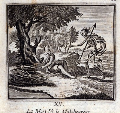 Smrt a nešťastní. Bajky Jean de La Fontaine (1621-95). Ilustrace Francois Chauveau (1613-1676). Vydání z roku 1728. od Francois Chauveau