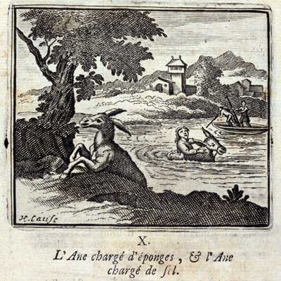 Oslí spousty houbiček a oslí spousty soli. Bajky Jean de La Fontaine (1621-95). Ilustrace François Chauveau (1613-1676). Vydání z roku 1728. od Francois Chauveau
