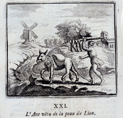 Osel na sobě kůži lva. Bajky Jean de La Fontaine (1621-95). Ilustrace François Chauveau (1613-1676). Vydání z roku 1728. od Francois Chauveau
