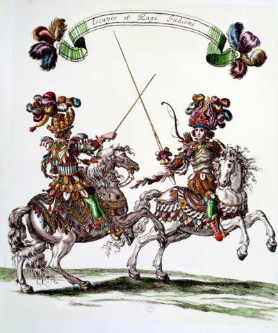Indian Ecuyer a páže během kolotoče, který dal král Ludvík XIV. (1638-1715) v roce 1662 Tuileries na oslavu narození dauphina. Rytina Francoise Chauveau (1613-1676) Soukromá sbírka ze 17. století od Francois Chauveau