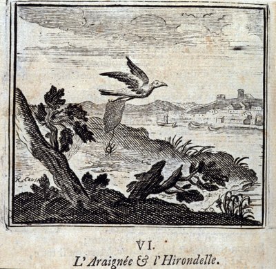 Pavouk a vlaštovka.Bajky Jean de La Fontaine (1621-95). Ilustrace François Chauveau (1613-1676). Vydání z roku 1728. od Francois Chauveau