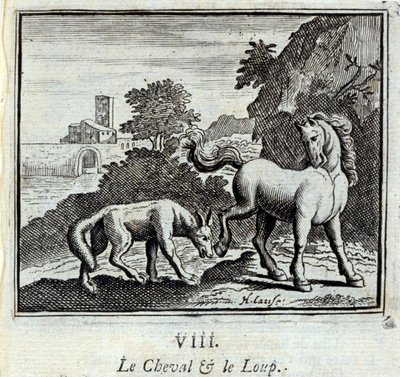 Kůň a vlk Bajky Jean de La Fontaine (1621-95). Ilustrace François Chauveau (1613-1676). Vydání z roku 1728. od Francois Chauveau