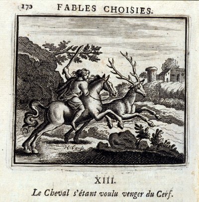 Kůň se chtěl pomstít za Jelena. Bajky Jean de La Fontaine (1621-95). Ilustrace Francois Chauveau (1613-1676). Vydání z roku 1728. od Francois Chauveau