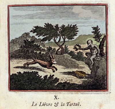 Zajíc a želva - Bajky Jean de La Fontaine (1621-1695) - Ilustrace Francois Chauveau (1613-1676) - Vydání z roku 1728 od Francois Chauveau