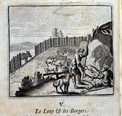 Vlk a pastýři.Bajky Jean de La Fontaine (1621-95). Ilustrace François Chauveau (1613-1676). Vydání z roku 1728. od Francois Chauveau