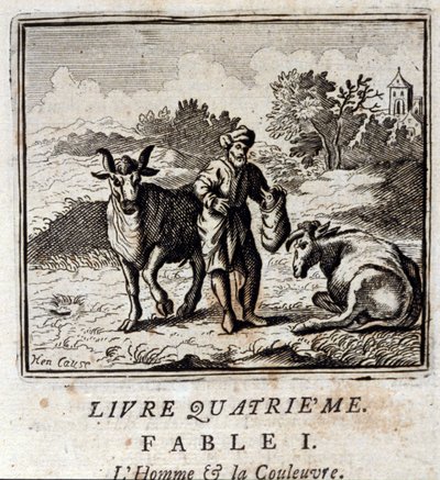 Muž a had. Bajky Jean de La Fontaine (1621-95). Ilustrace Francois Chauveau (1613-1676). Vydání z roku 1728. od Francois Chauveau