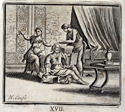 Muž mezi dvěma roky a jeho dvě milenky. Bajky Jean de La Fontaine (1621-95). Ilustrace Francois Chauveau (1613-1676). Vydání z roku 1728. od Francois Chauveau