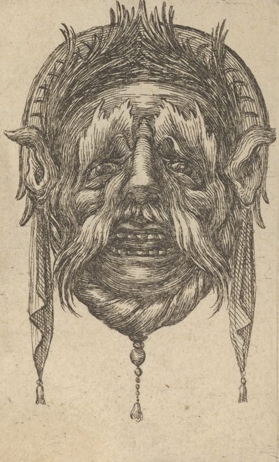 Maska s dlouhým obočím a knírem a čelenkou s visící látkou, od Dive..., ca. 1635-45. od Francois Chauveau